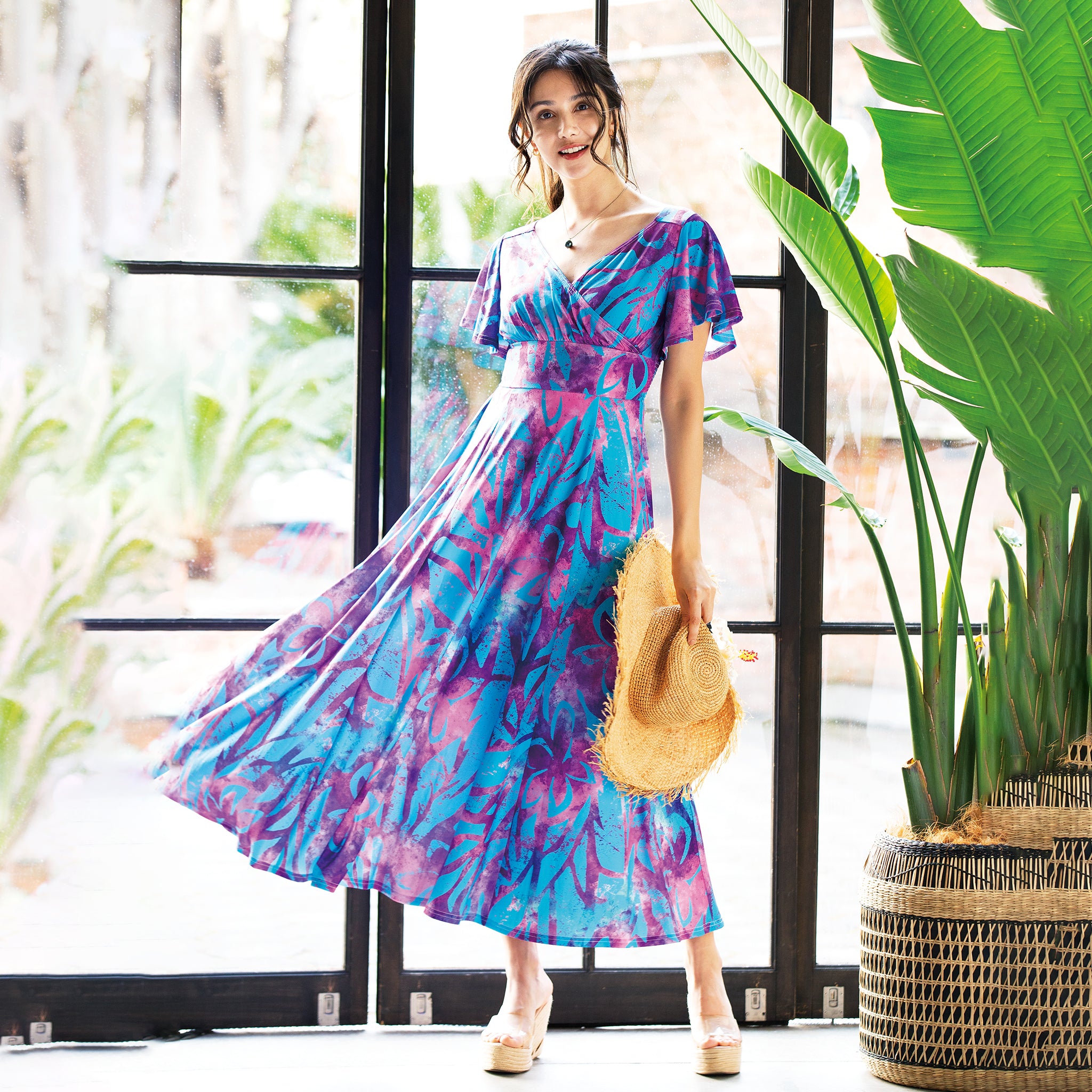 フリルスリーブフレアシャーリングワンピース（ティパニエ：パープル