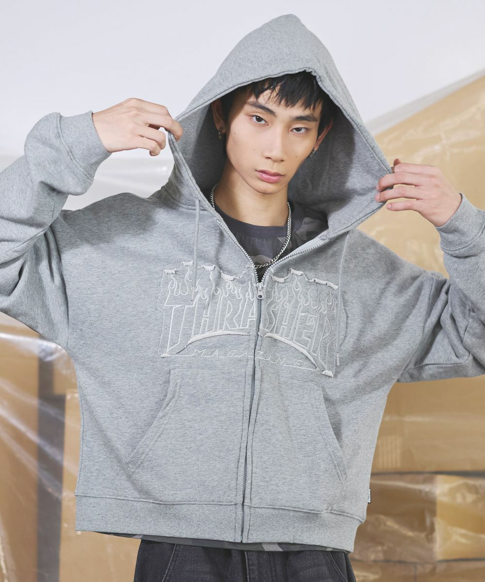 スラッシャー 別注 ヘビーウェイト裏毛パッチワーク刺繍ジップアップ