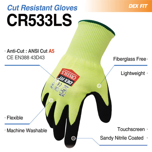 DEX FIT Level A5 Cut Resistant Gloves CR533LS - Silky Smooth and