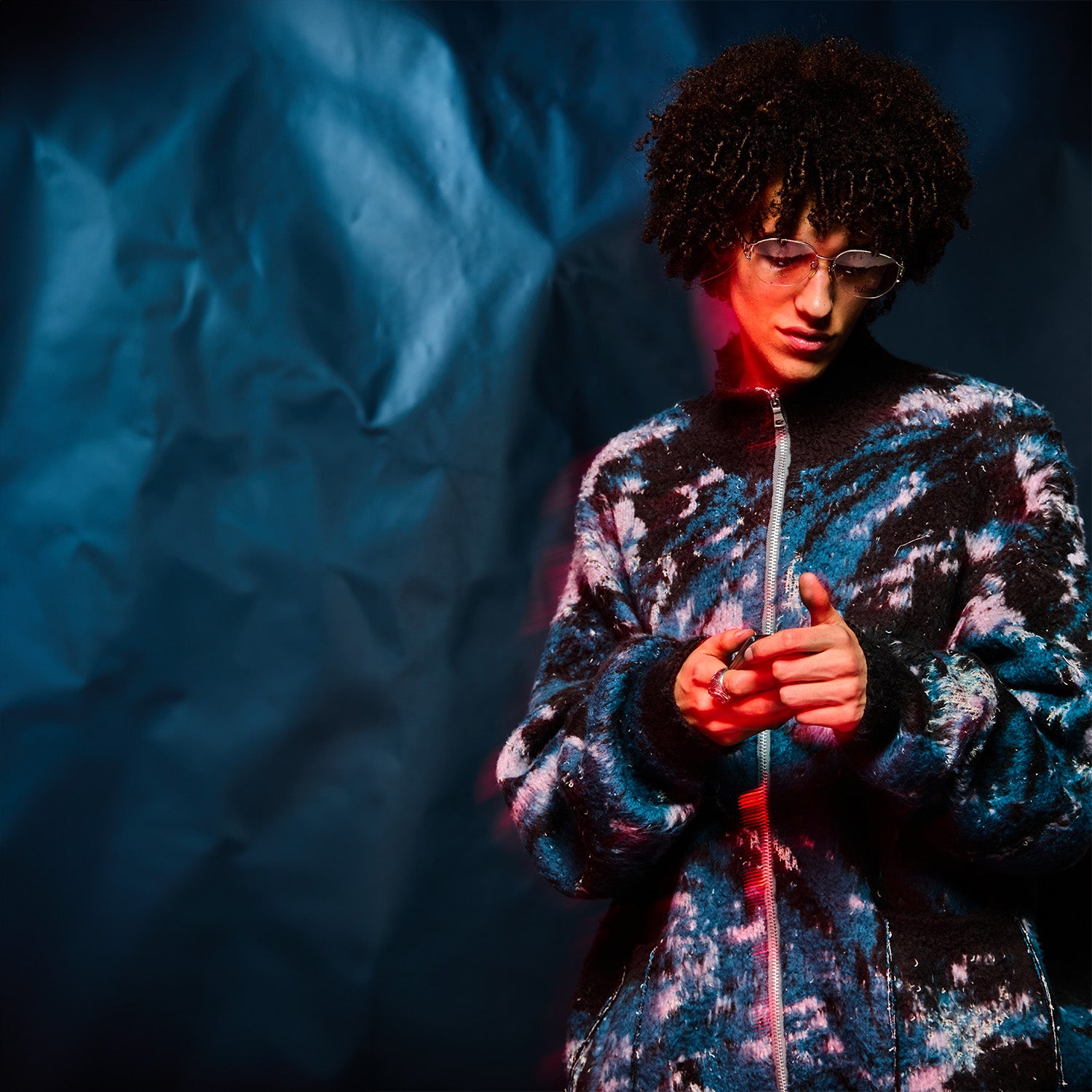 MUZE TURQUOISE LBEL ×FACCIES -【MARBLE PT SHAGGY DRIVERS KNIT(BLUE