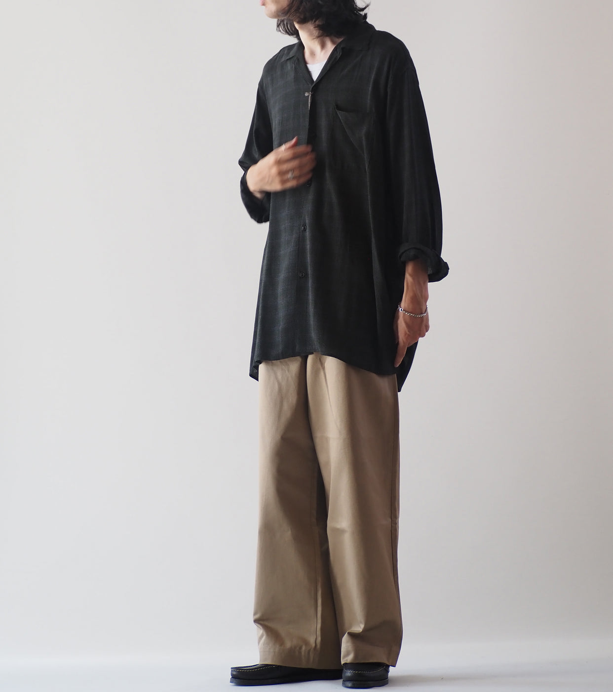 MAATEE＆SONS 強撚 レーヨン オープンカラー シャツ ,Green – Navyblue