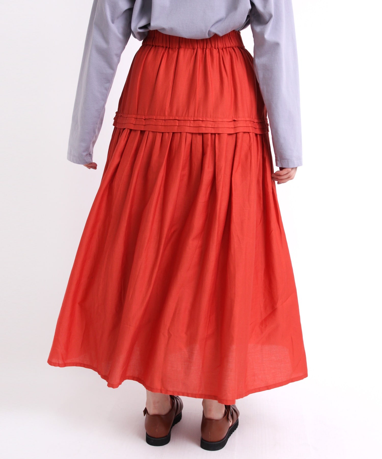 G1037 コットンピンタックギャザースカート(M トマトレッド): スカート