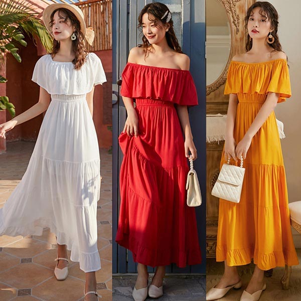 Newjoy / オフショルダー 華奢見え リゾートワンピース マキシ丈 白/赤