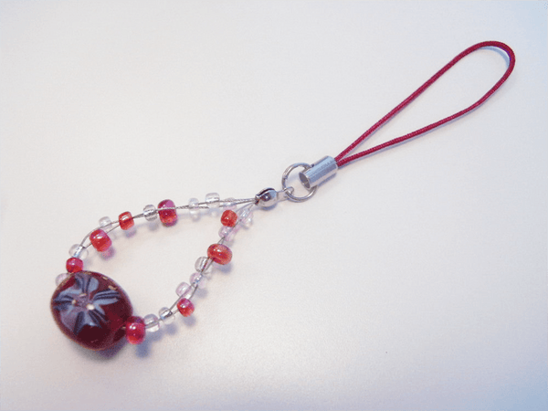 とんぼ玉 ビーズワイヤーストラップ（赤） STW-06｜ハンドメイドの携帯