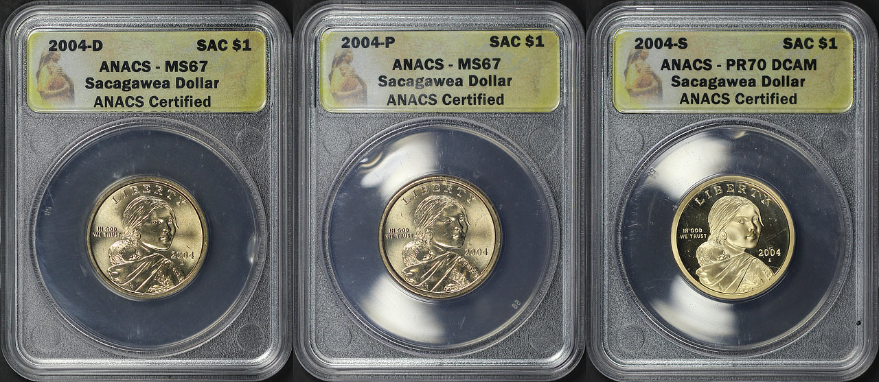 2004-D, P, & S Sacagawea Dollar 3 Coin Set ANACS MS-67 & PR-70