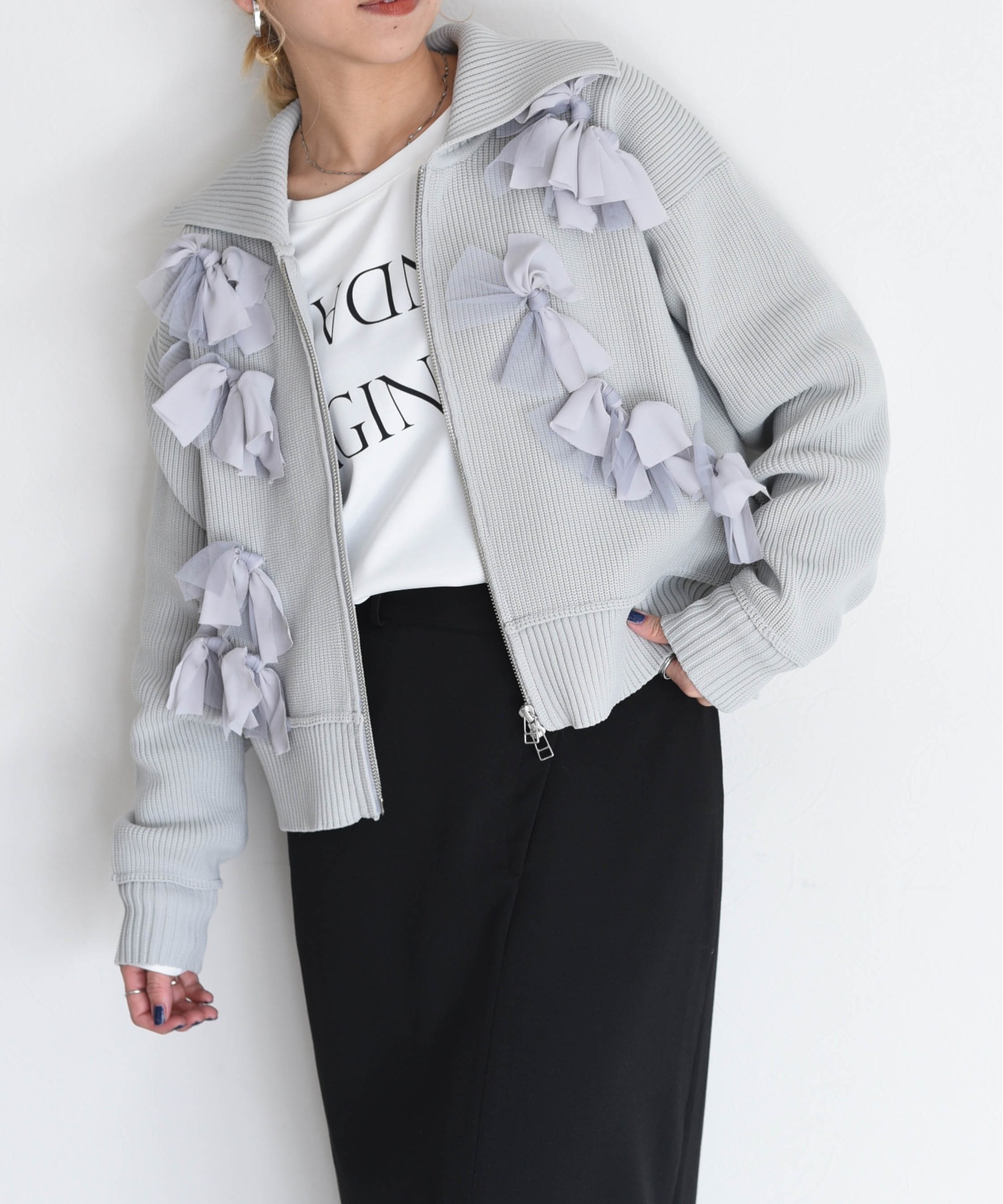 ランダムリボンダブルZIPニットブルゾン Eimee Law│Eimee Law