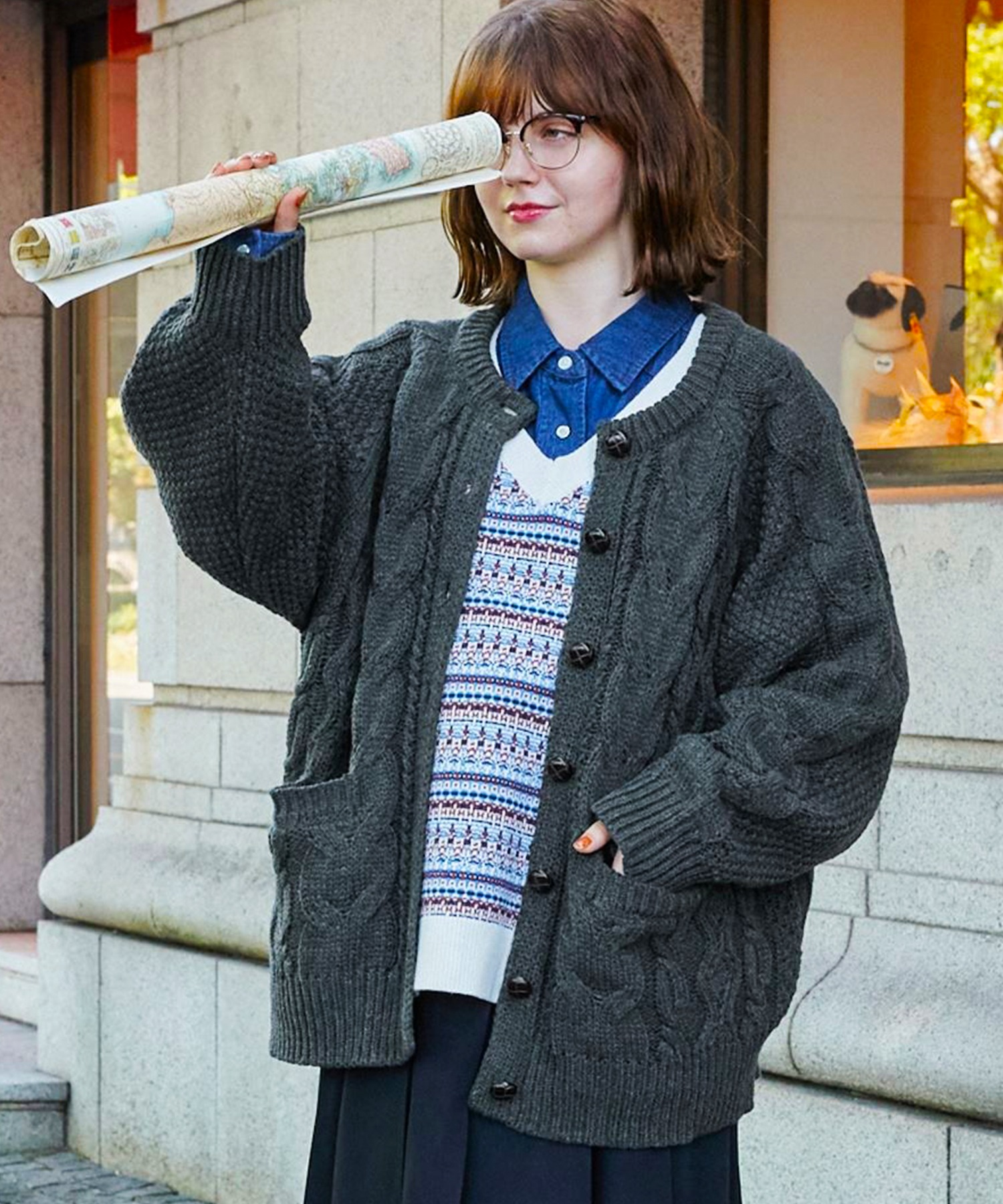 フィッシャーマンクルーネックニットカーディガン MONO-MART LADY'S