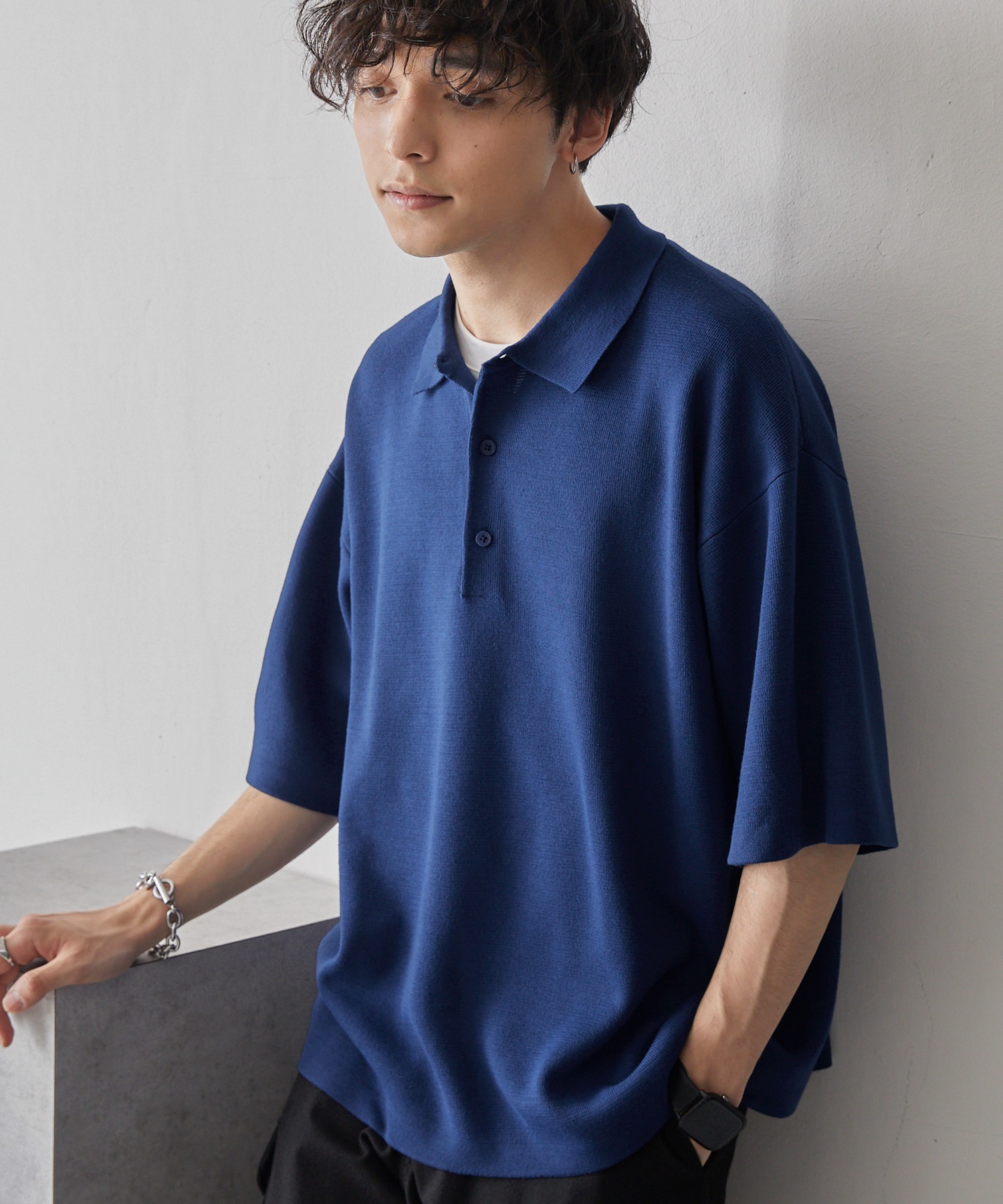 リラックスルーズベーシックミラノ編みニットポロシャツ MONO-MART