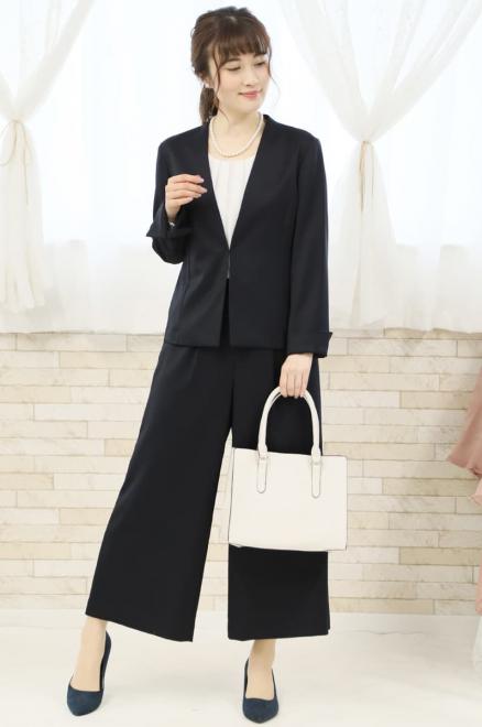 ネイビーのシフォンブラウスワイドパンツセレモニースーツセット[M