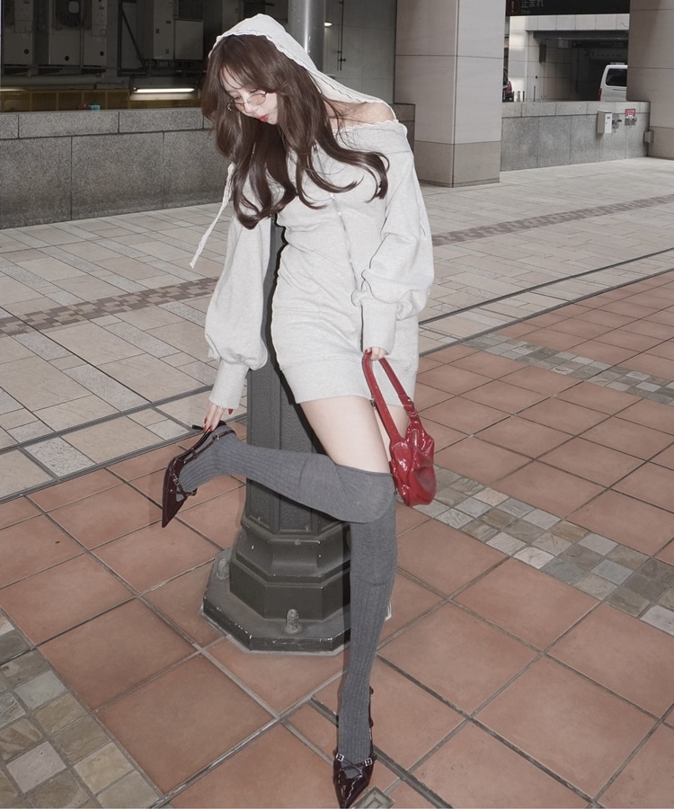 lace hoodie offshoulder mini onepiece(M GRAY): ワンピース｜PMbox