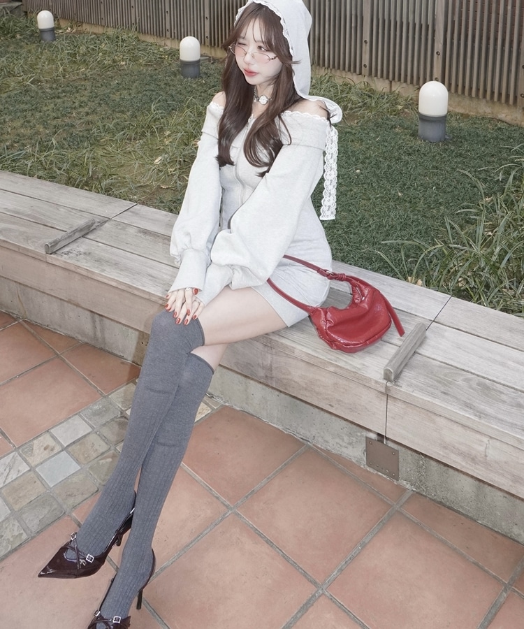 lace hoodie offshoulder mini onepiece(M GRAY): ワンピース｜PMbox