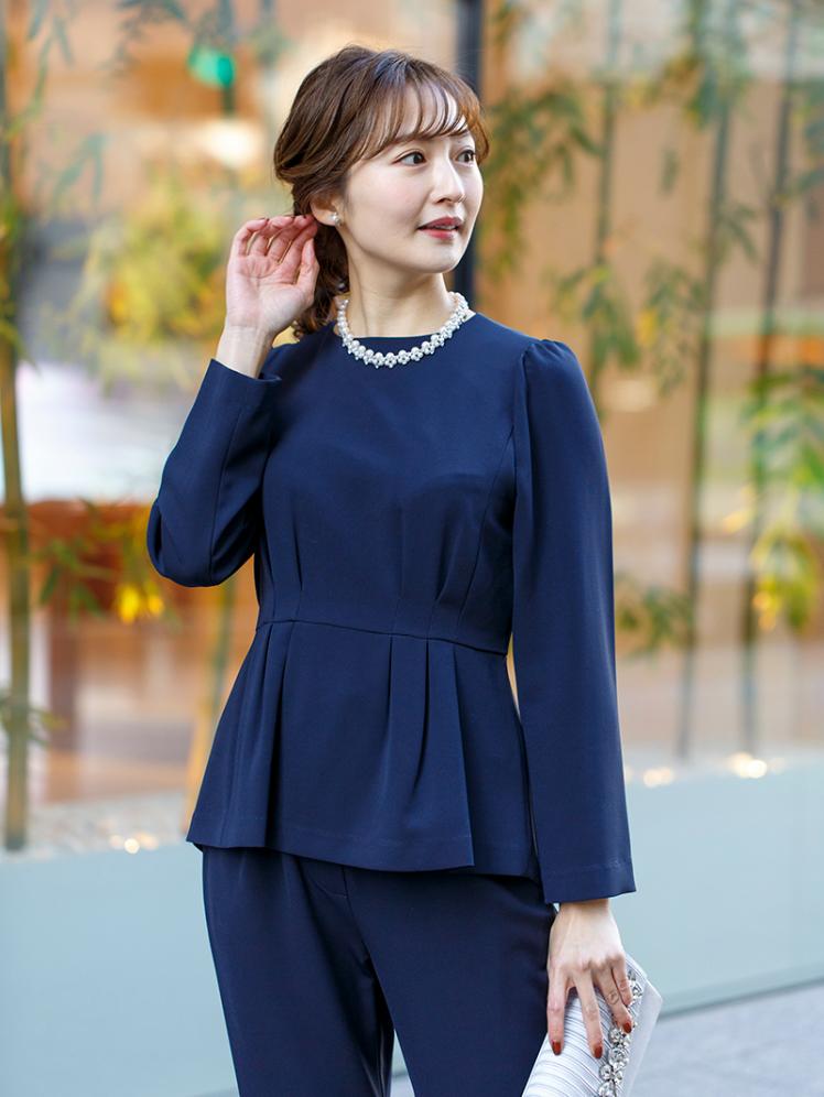 ペプラムブラウスパンツドレス(ネイビー)H3-430NA-XL | OTONA DRESS