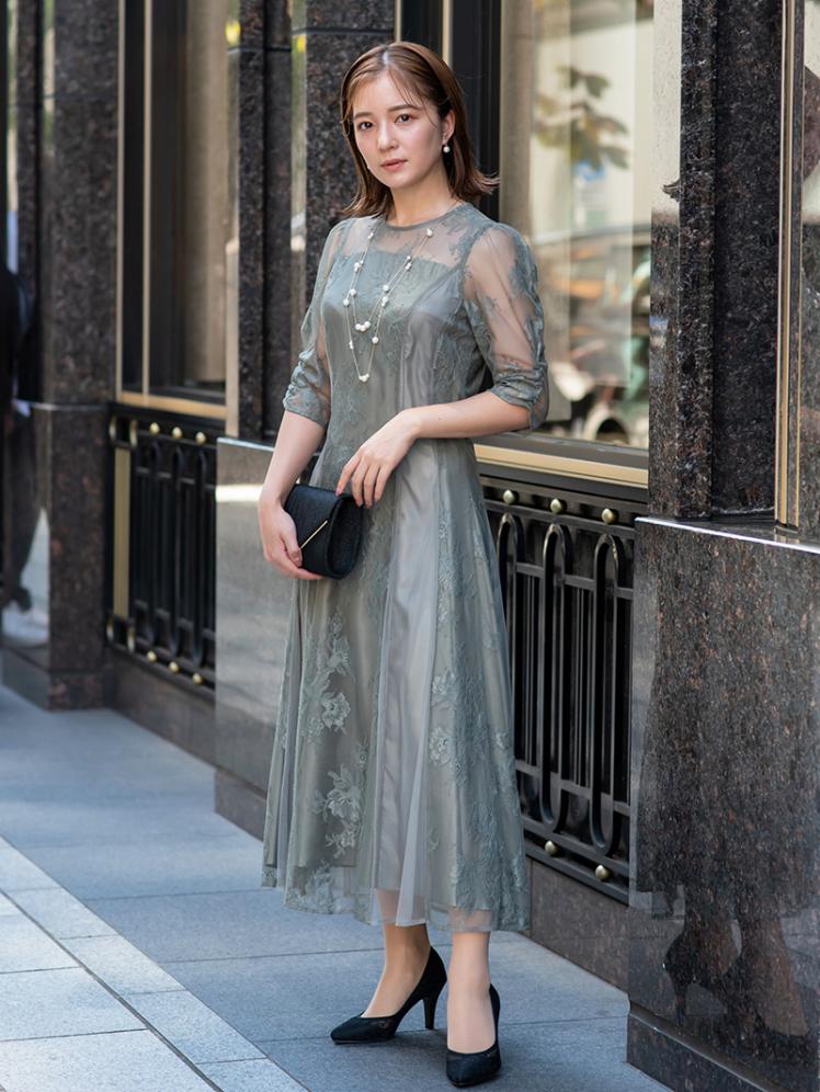 レース×チュール切替ベロアリボン付ドレス(グリーン)CR1-417GR-L