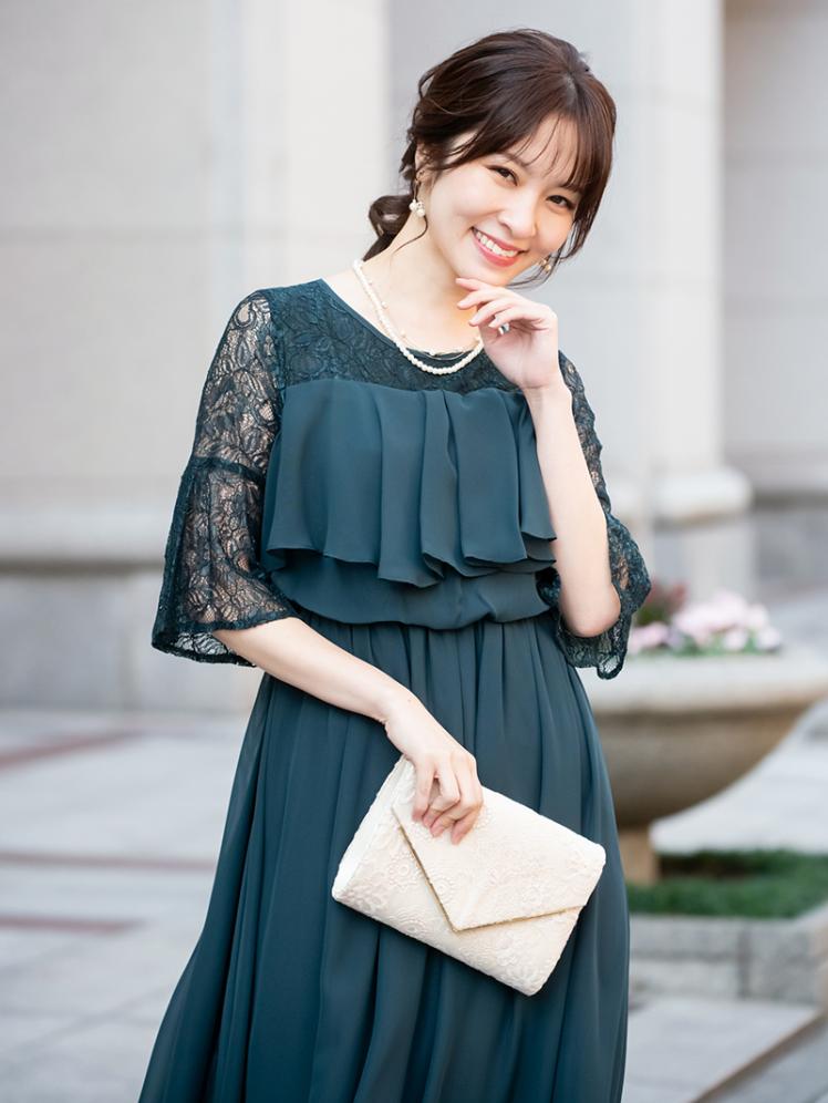フレアディティールドレス(グリーン)CR1-374GR-XL | OTONA DRESS