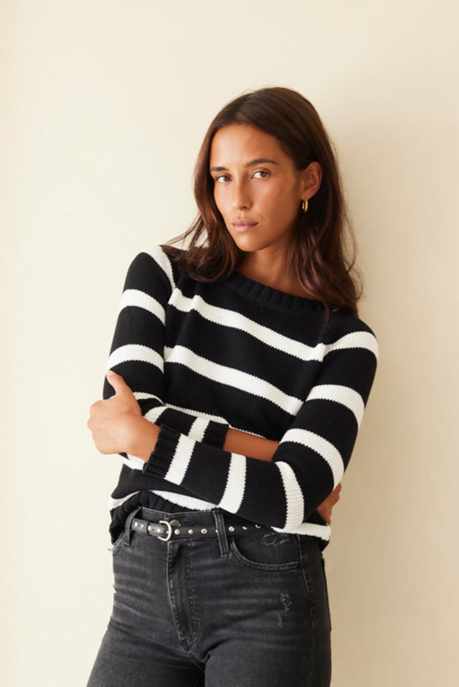 Luxury Handknit Cotton Women's Crewneck Sweater in Black/ White