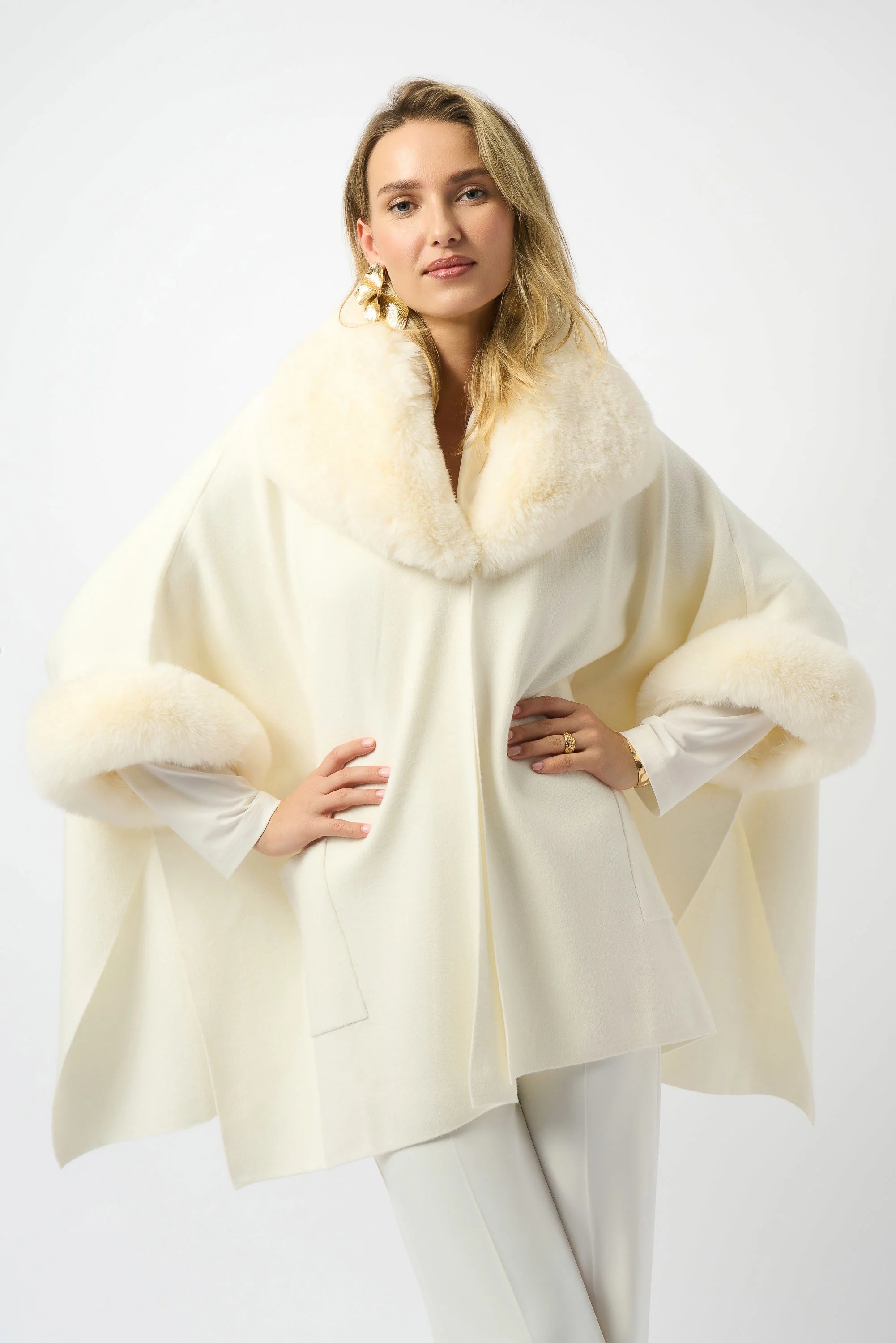 Joseph Ribkoff Brushed Jacquard and Faux Fur Cape - PapillonStyles