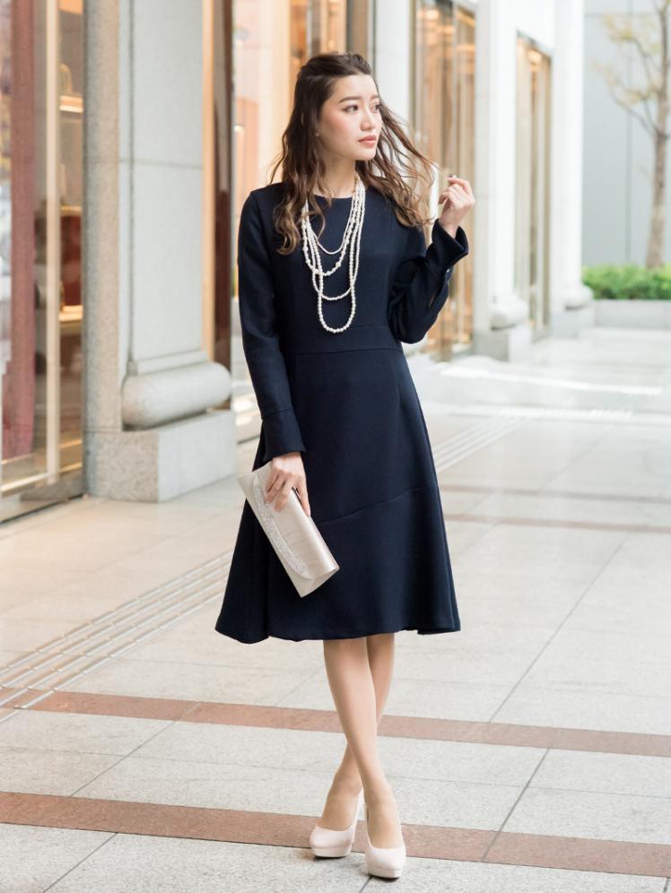 パールボタン付きフレアワンピース(ネイビー)K1-286NA-M | パーティ