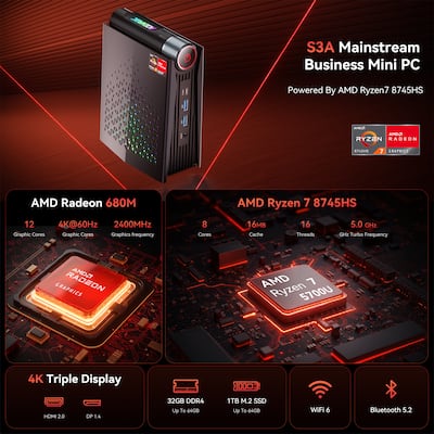 ACEMAGIC S3A Mini Gaming PC, AMD Ryzen 7 8745HS (8C/16T,up to 4.90
