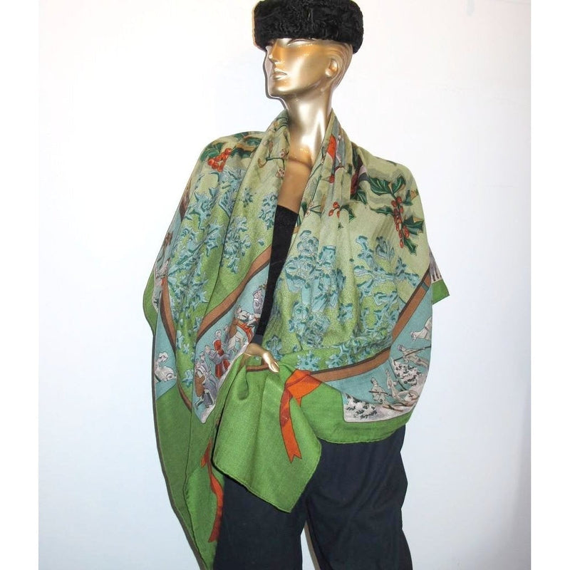 Hermes 1991 Green Neige d'Antan Cashmere Shawl 140 Rare! | poupishop