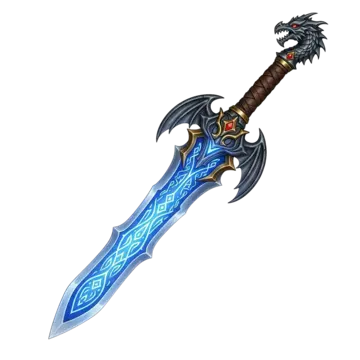 青い刃が光るファンタジードラゴンの剣イラスト素材透過、PNGフリー