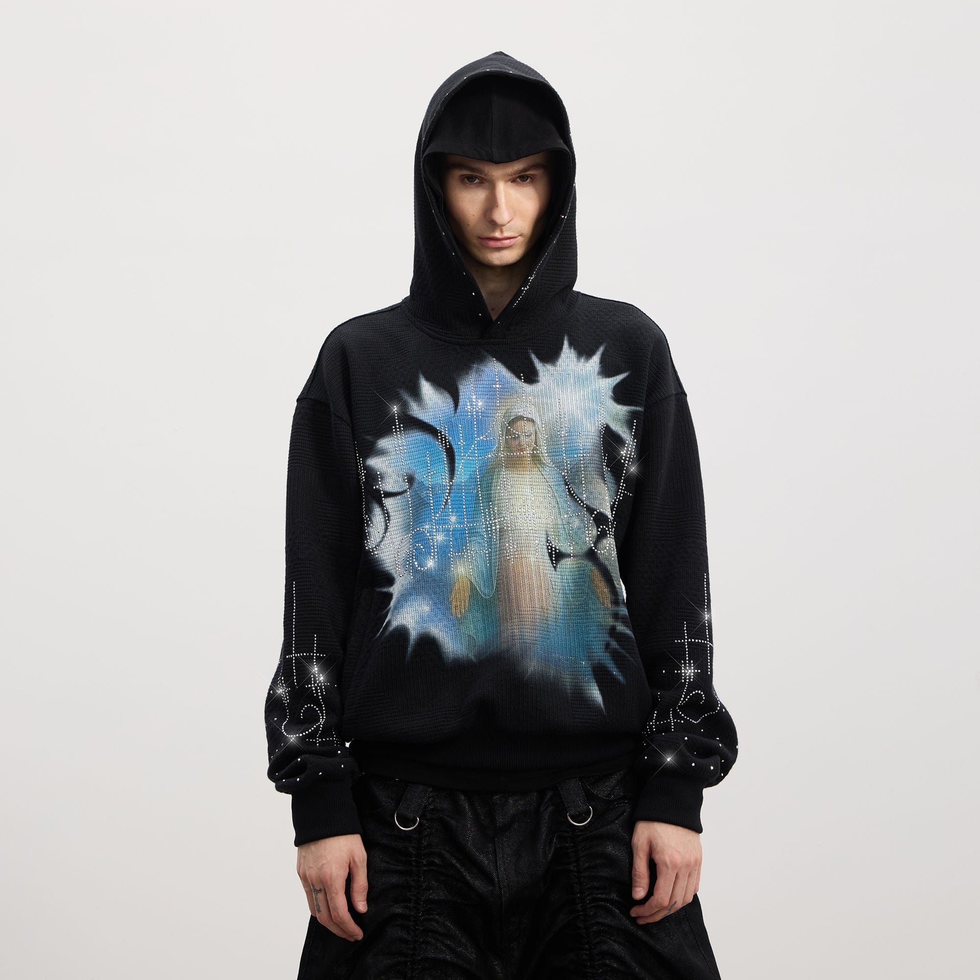 DND4DES Virgin Mary Graphic Rhinestone Hoodie