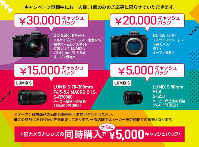 LUMIX フルサイズ一眼 S5＆レンズ キャッシュバックキャンペーン」実施