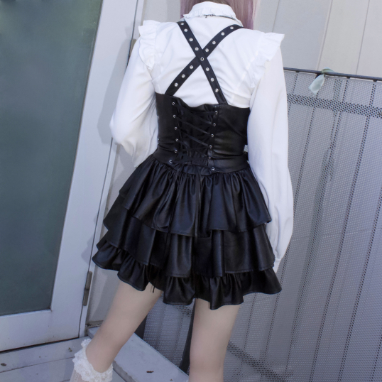 IMVAL / Frill Leather Dress [BLK] - QOOZA