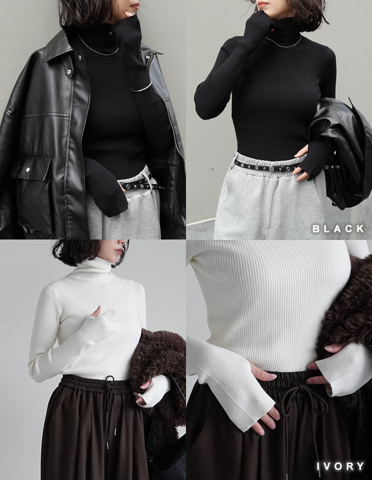 指穴リブニットタートルネックトップス - トップス通販 | 人気
