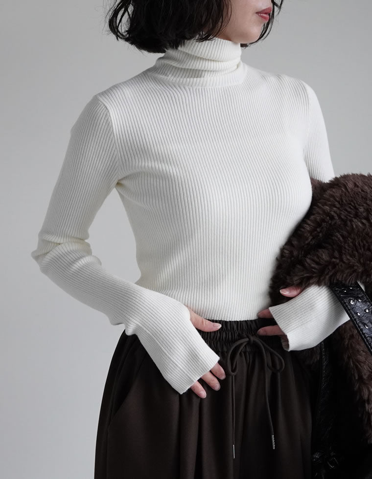 指穴リブニットタートルネックトップス - トップス通販 | 人気