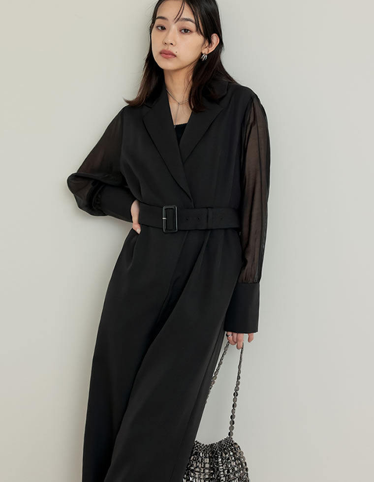 ベルト付きシアーボリュームスリーブオールインワン - オールインワン