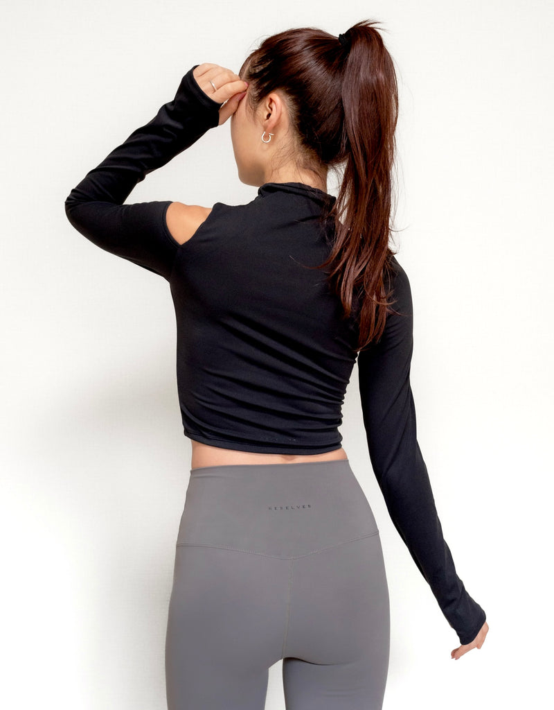 MICHELLE ショルダーカット ロングスリーブ クロップドトップス -black