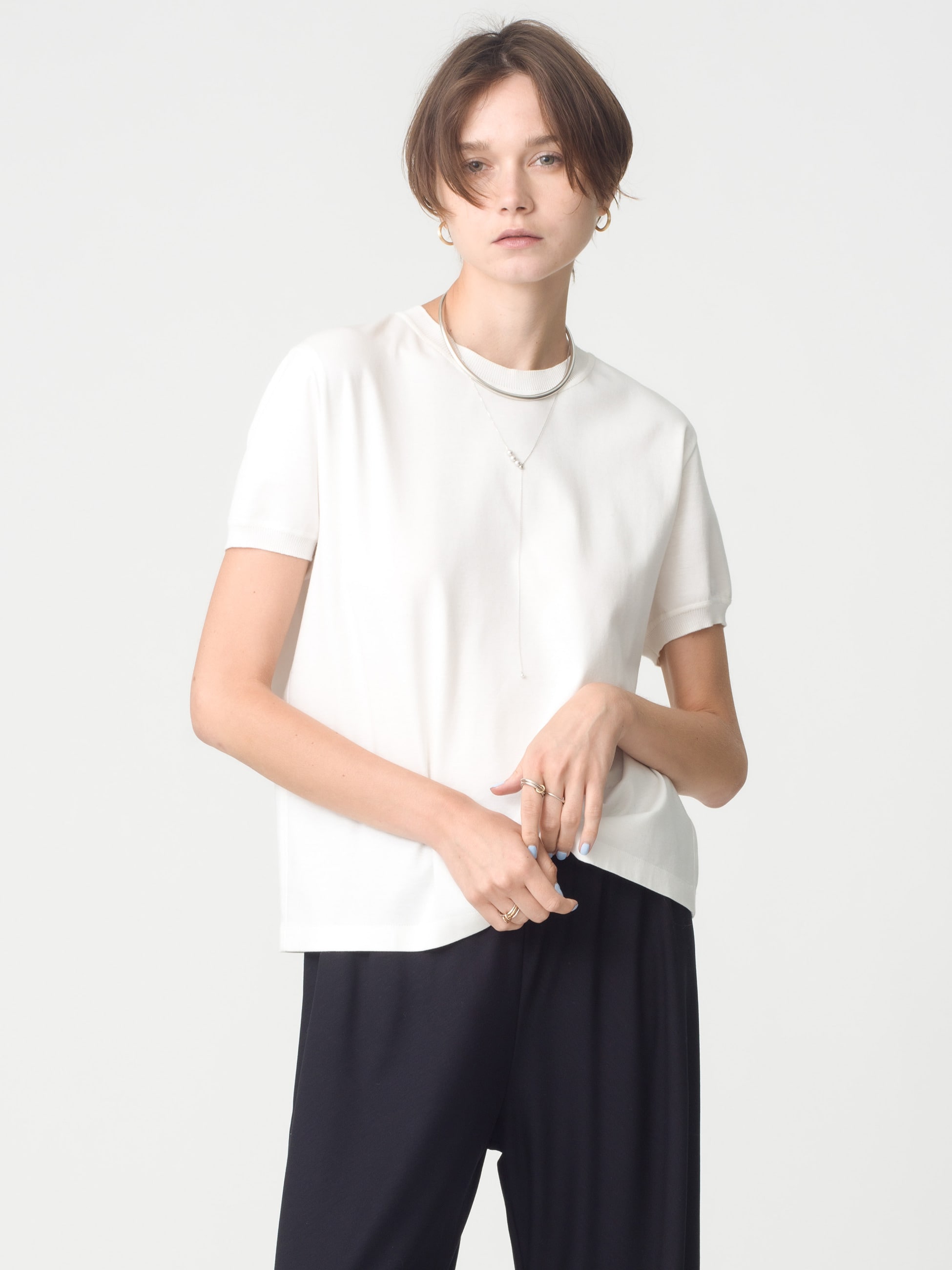 コットンポンチ ニットカラー ティー（ホワイト/ネイビー）｜ebure