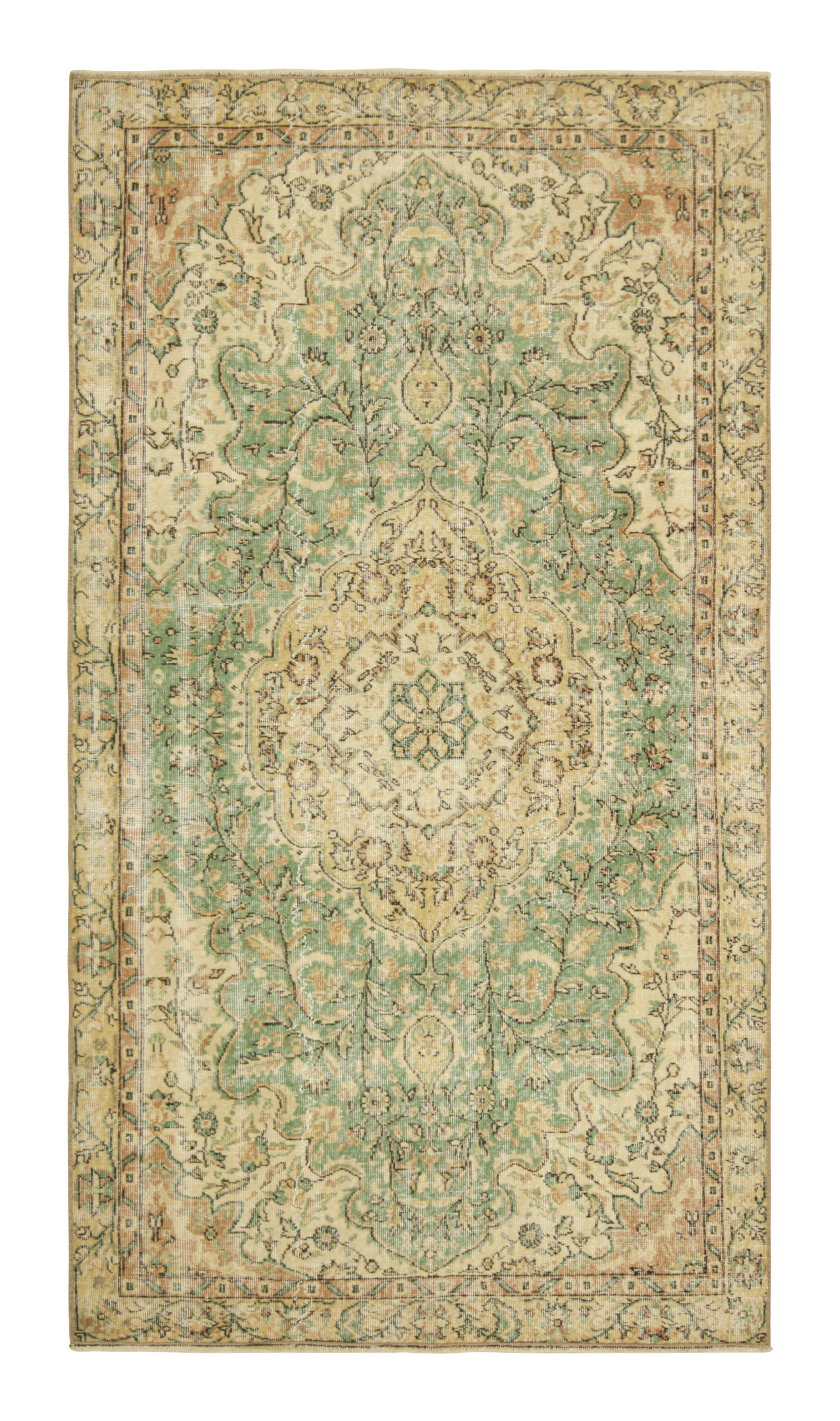 Vintage Turkish Rug in Light Green with Beige Floral Medallion