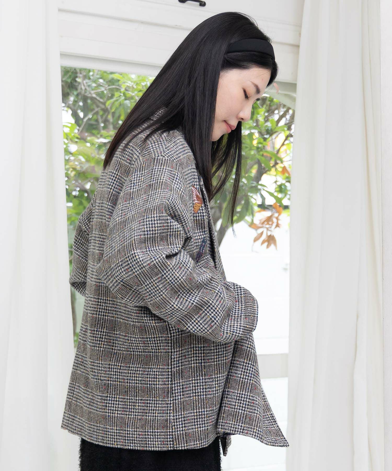 553251：花蝶刺繍のオーバーサイズ チェック柄ジャケットの通販-ScoLar