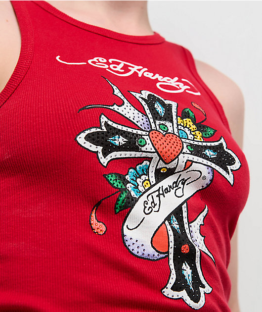 Ed Hardy Rhinestone Cross Cherry Tank Top | Zumiez