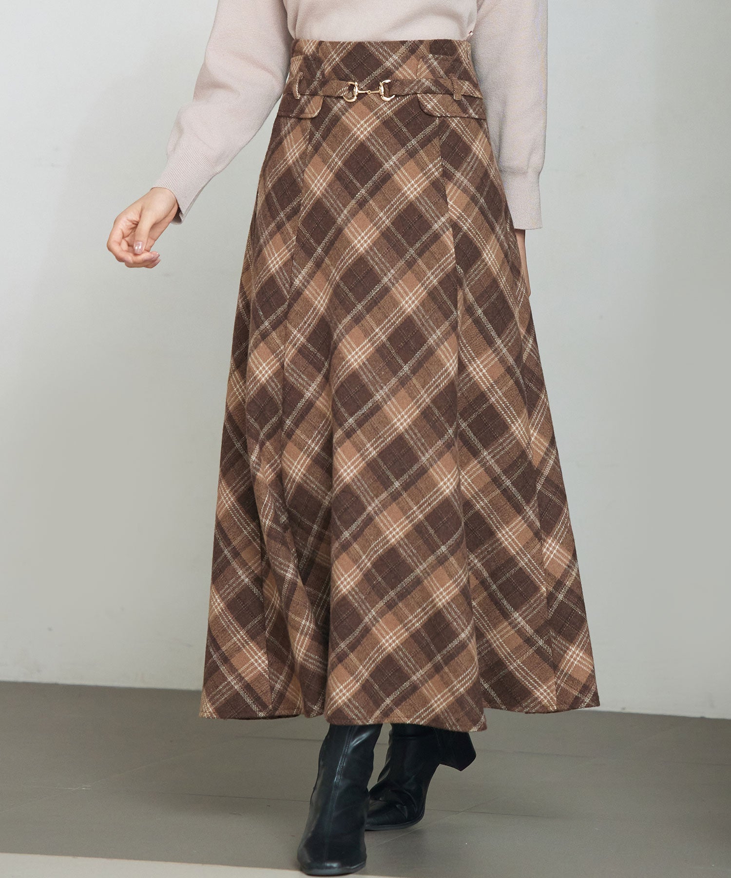チェック柄ハイウェイトロング丈スカートsdp0326 ブラウン – [公式