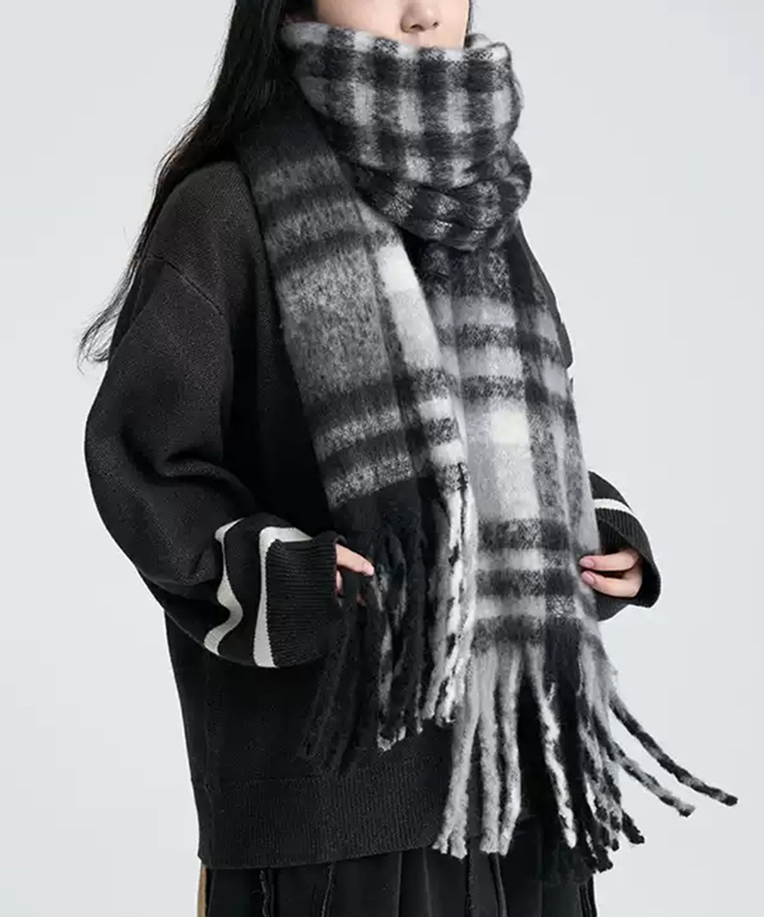 大判タイプなチェック柄マフラーsdpalywm04 ブラック – [公式]SAISON