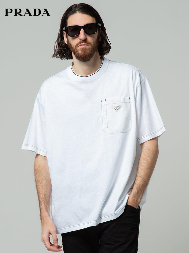 PRADA (プラダ) 異素材ポケット クルーネック 半袖 Tシャツ