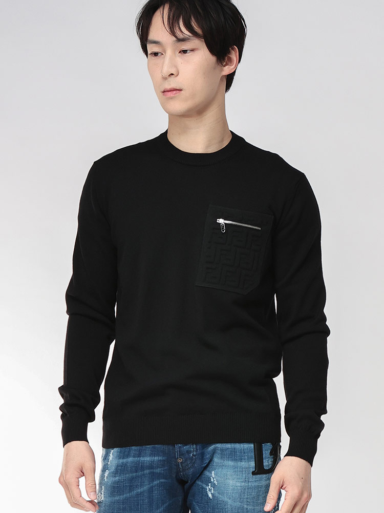 FENDI (フェンディ) ロゴ ジップ ズッカ柄 ポケット クルーネック