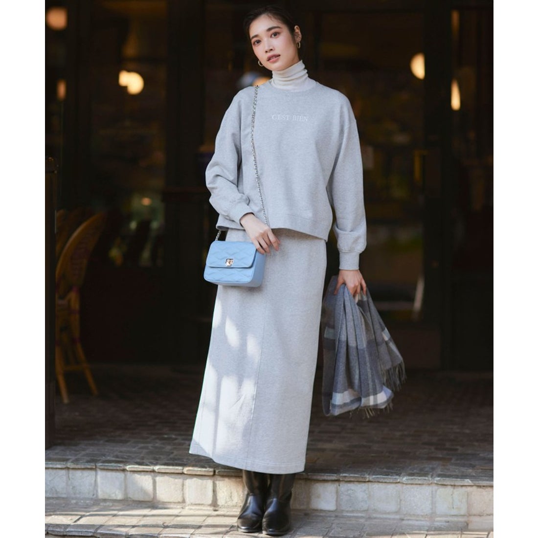 ニジュウサンク 23区 カシミヤ チェック ストール （グレー系