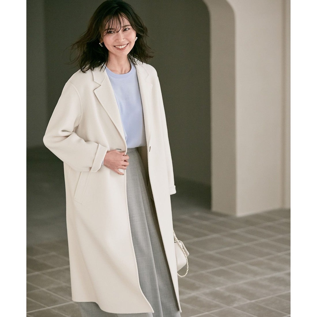 23区（大きいサイズ） ウールリバー ロングコート （ベージュ系） -靴