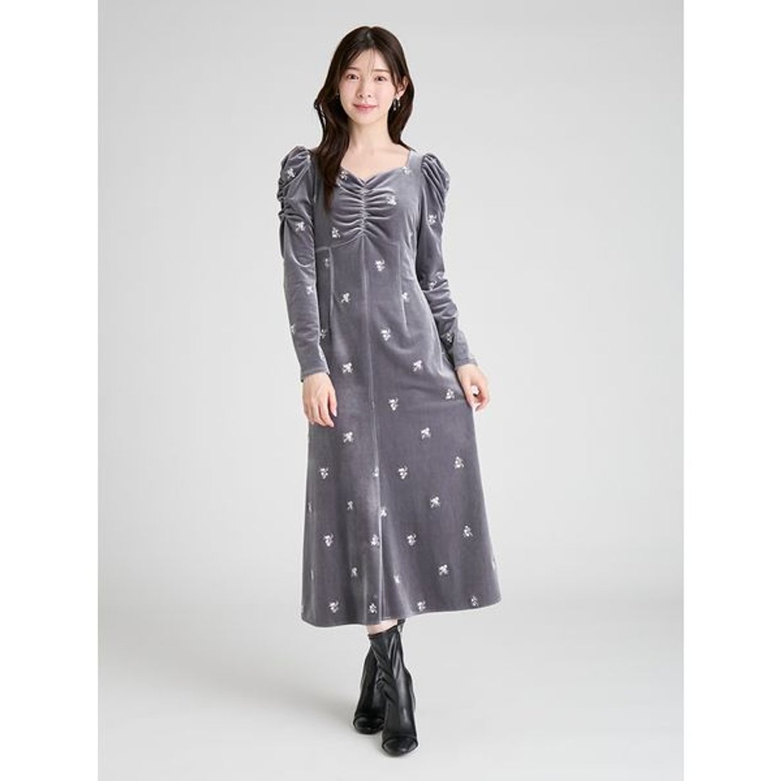 セルフォード CELFORD 花柄刺繍ベロアワンピース （GRY