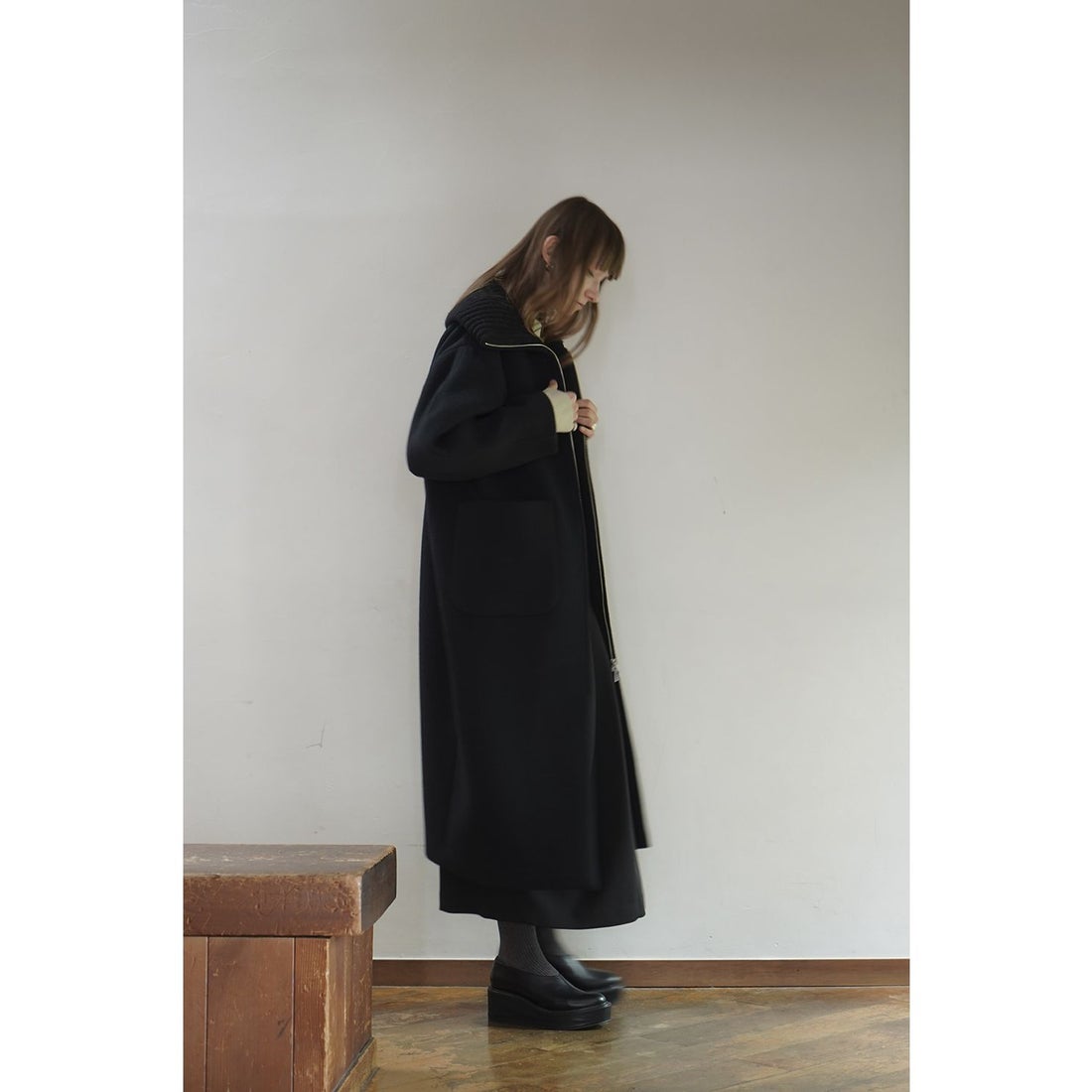 クラネ CLANE RIB COLLAR WOOL LONG COAT （BORDEAUX） -靴