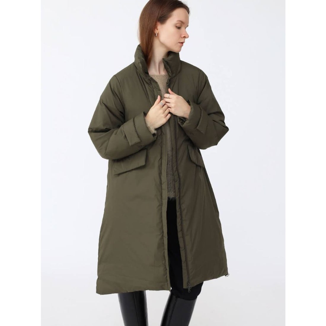 アーガ Aga スタンドカラーロングダウンコート （カーキ