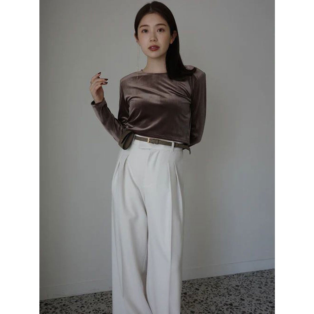 アニュアンス anuans ベロアクロップドカットトップス （PINK BEIGE