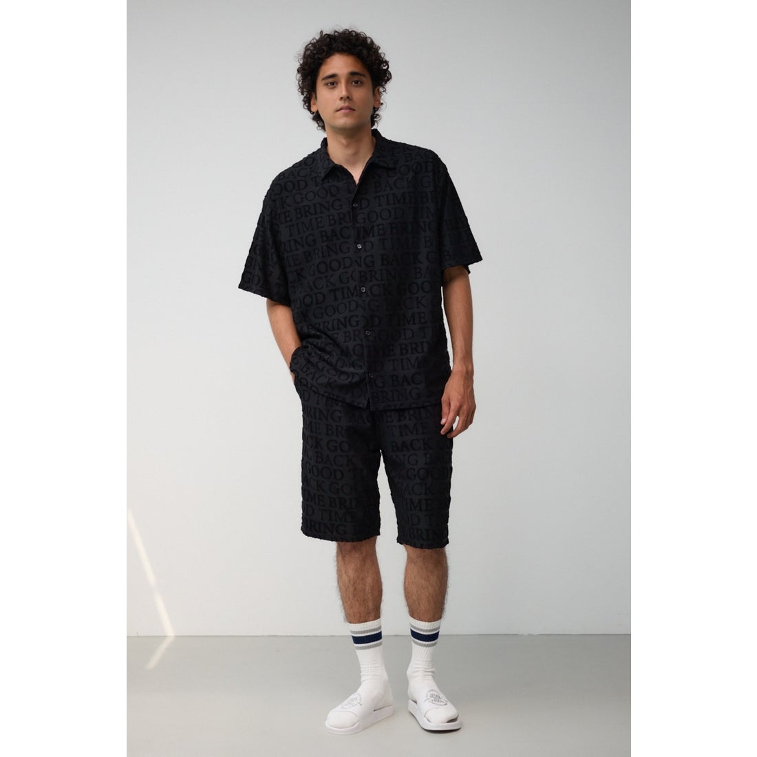 AZUL BY MOUSSY 総柄パイルジャガードシャツ BLK -ファッション通販