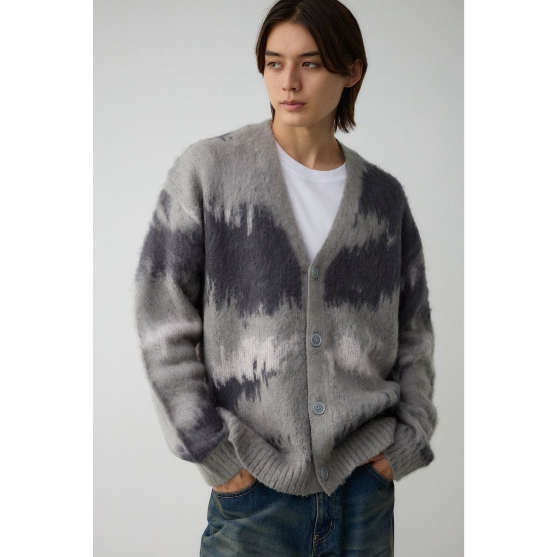 AZUL BY MOUSSY 総柄モヘアライクカーディガン 柄GRY5 -ファッション