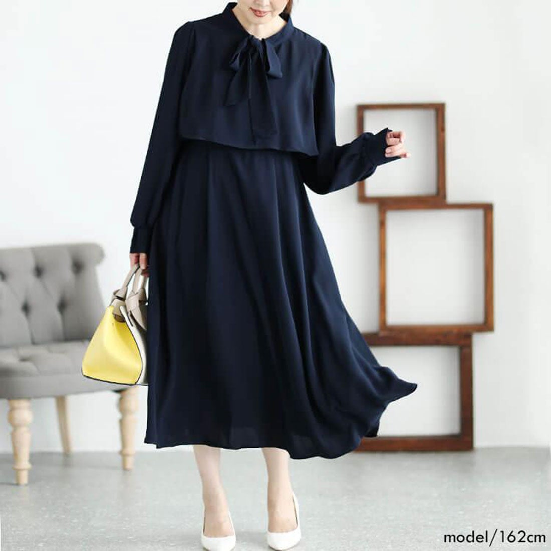 ゴールドジャパン GOLDJAPAN フリル裾ボウタイワンピース （ネイビー