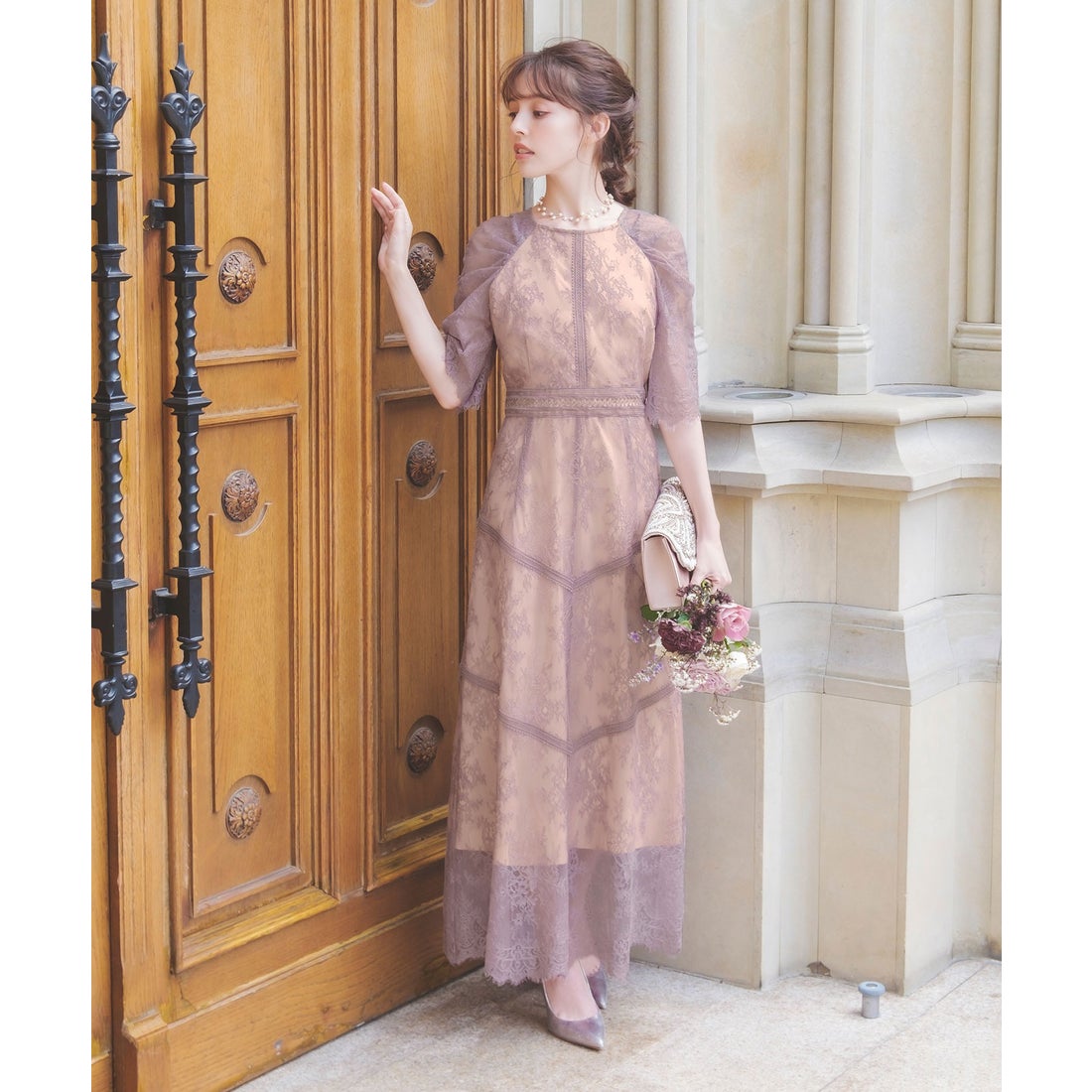 ガール GIRL ステッチ加工フラワー総レース フレア ロング 結婚式