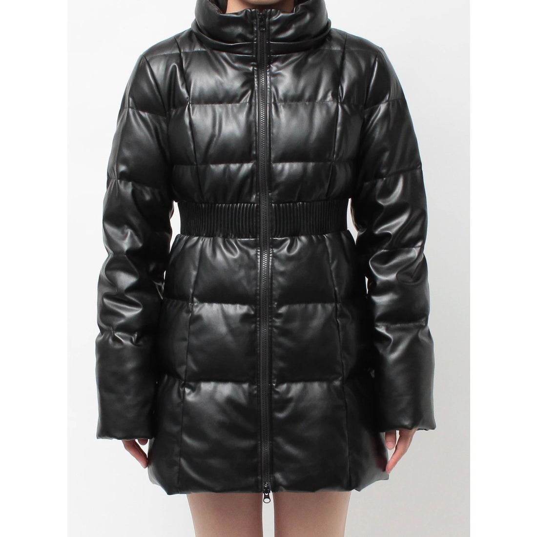 ジェイダ GYDA GDベルト付きフェイクレザーロングダウンコート （BLK